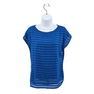Vince Camuto Royal Blue Short Sleeve Striped Blouse Womens XS Sheer Round Neck